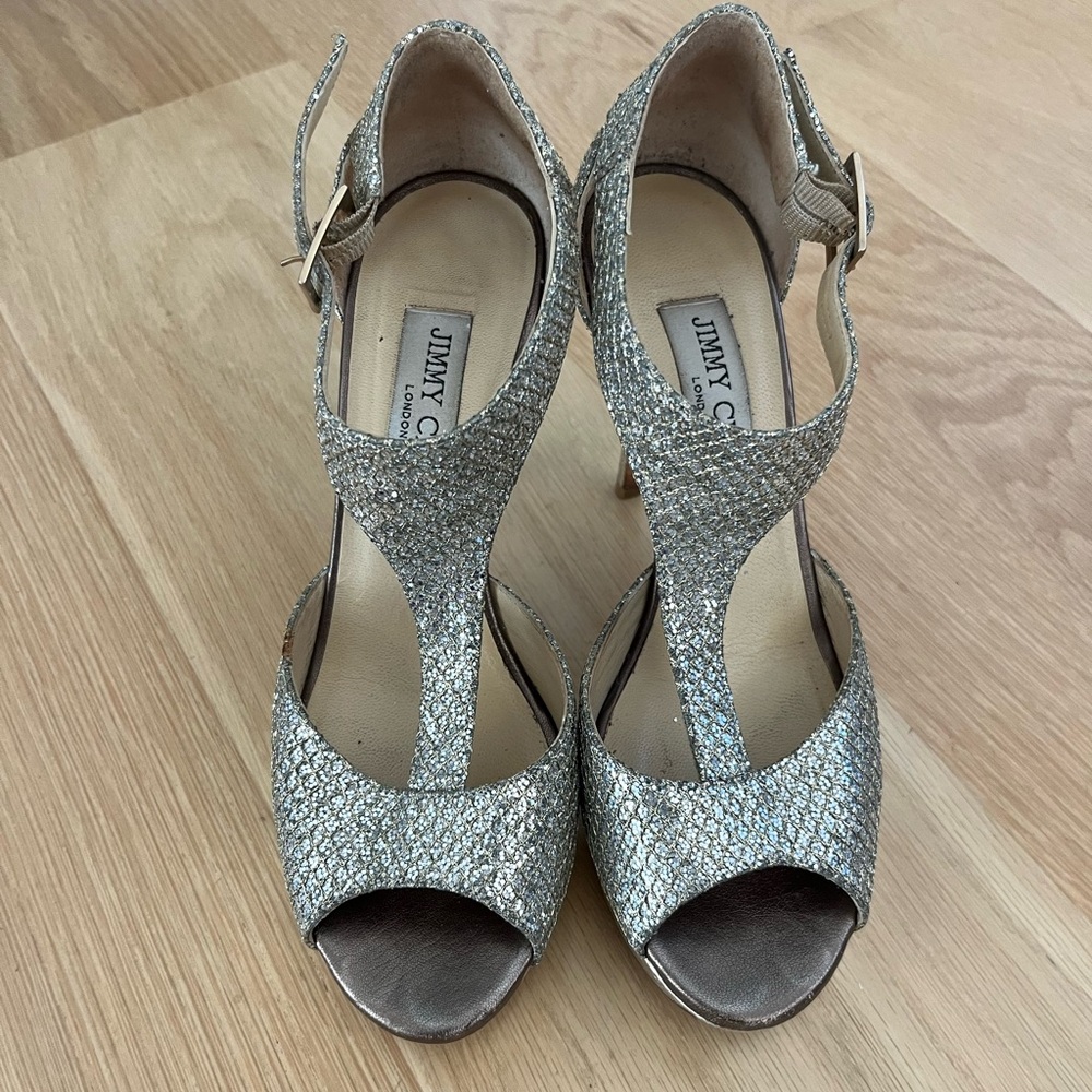 Jimmy Choo Glittering T-Strap Silver Heels